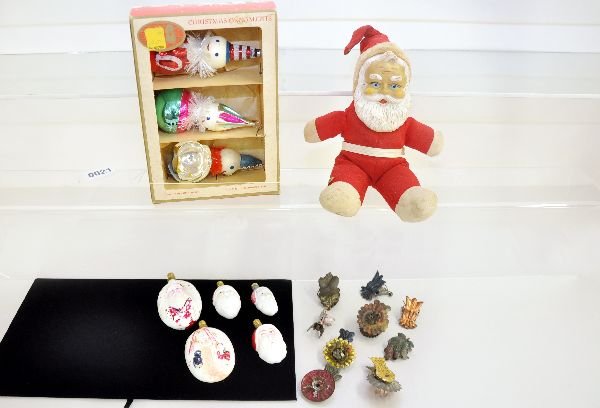 Group Of Vintage Christmas Items: Includes 5 -1930s milk glass Santa bulbs, largest is 3", untested; Yosxi Japan 12" Santa doll; Several early tin clip-on candle holders; Kurt Adler boxes 3pk ornaments & a large 26X52" Coca-Cola Seaso