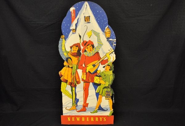 Newberrys Department Store Santa Stand-up: Circa early 1960s. 19X42" litho on cardboard easel-back Christmas display. It is fairly clean and bright with light foxing. Examine photos or call for more information 203 730-1405
