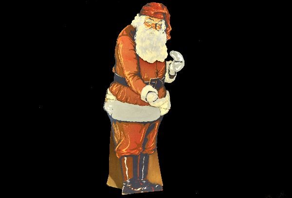 Life Size Santa Christmas Stand-Up: 69" tall easel back stand-up, circa 1930s. Paper litho on cardboard with hand in a position to hold a pole sign. One mitten has been restored and easel back is weak. The color is still rich and it is