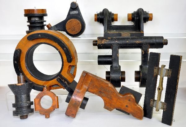 9 Early Wood Plumbing Patterns: All hand carved wood patterns, probably for the old cast iron pipes; longest is 17". All are different and have style and pattern plates or etchings. All have eyelets to hang and have nice aged patina