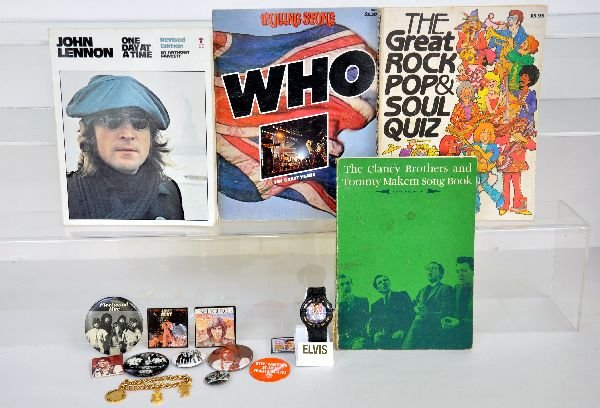 Vintage Rockn Roll Items: Includes a 1977 Elvis bracelet; Koral Digital Elvis wrist watch, new in box; 1970s pins including The Beatles; Fleetwood Mac; Neil Young; Hart ; The Who & others; 4 paper back books including the Roll