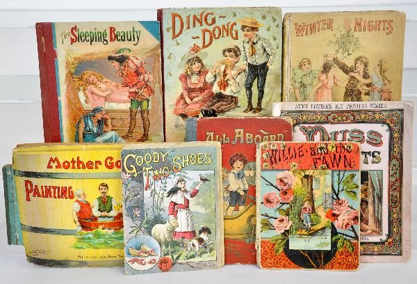 8 Early Childrens Books: Includes die cut Mother Goose Painting book, by Graham & Matlack, 1914; Ding-Dong Stories, by Mc Loughlin, 1900, worn; Goodey Two shoes, by Mc Loughlin, 1888, cover loose; Willie and The Fawn, by Cass