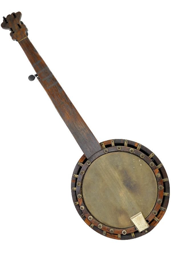 Henry Dobson 1867 Banjo: 36" long with solid oak neck with nice carved scalloped top. It has a mahogany venires body with metal hardware. Utilizes a wooded loop to add tension to the resonator with 20 screws supporting. It is
