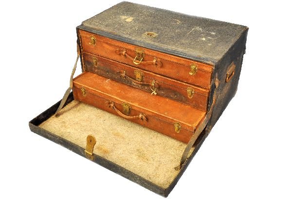 Scarce 1920s Luggage Rack & Case: Came off a 1920s Model A Ford, but is probably generic. Plate reads by John Boyle Company, NY. The case is leather wrapped plywood, 31X18X17". It has a locking latch & 2 metal handles. It contains 3 m