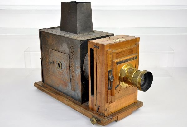 Large Early French Photo Slide Viewer: 9X29X18", toll tin rear box with converted electric light housing(cloth wire); Pine front lens assembly, all mounted on an oak base with brass accoutrements. Plate reads, " Office Central de Photograp
