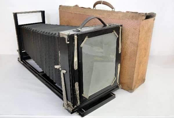 Large Seneca Photo Slide Viewer: 9X29X15" Mahogany Ebonized wood with nickel fittings, Improved Seneca viewer. 1908 -10 model with thumb screws connecting extension plates. Includes 3 pine slide holders, 2 aperture plates, just appea