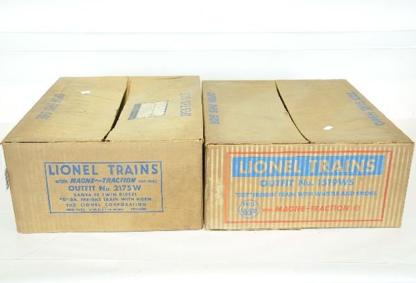 Empty Lionel Set Boxes 2175W & 1519WS: The 1519WS is for a 1954 2065 freight set. It is clean & square, C7+-8; 2175W is for a 2343 SF diesel freight set. It is fairly clean with slight rounding to corners and some store graffiti. The bindi