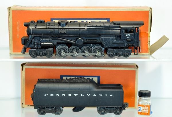 Nice Boxed Lionel 671RR Turbine: 1952 production. Patina is matte & unhandled with bright lettering, SP pellets & tamper; 2046W-50 PRR tender matches nicely. They have worn boxes with loco insert and show very light playwear, C8+