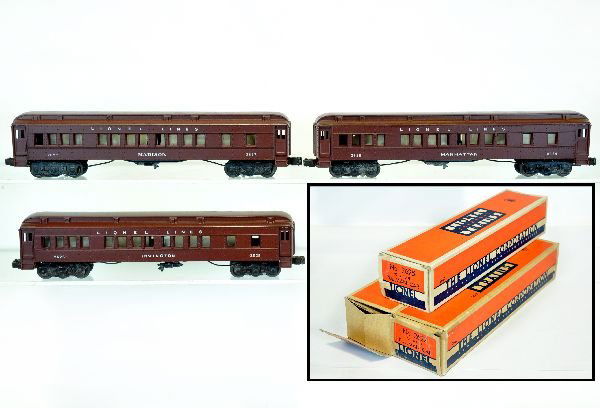 Boxed 1949 Lionel Madison Cars: Pullmans Include a 2625 Irvington; 2627 Madison & 2628 Manhattan. They are clean, but show light mildew shadows in paint with boxes, 1 missing flaps 1 side; all with inserts. Otherwise they show light
