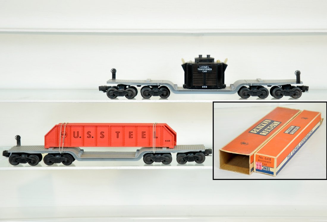 Boxed Lionel 6418 & 6518 Flat Cars: Includes a super 6418 flat with pink girders. It is unrun, but missing a brake wheel, otherwise C9; 6518 flat with transformer, 2 broken insulators,C6. Both have C5 boxes
