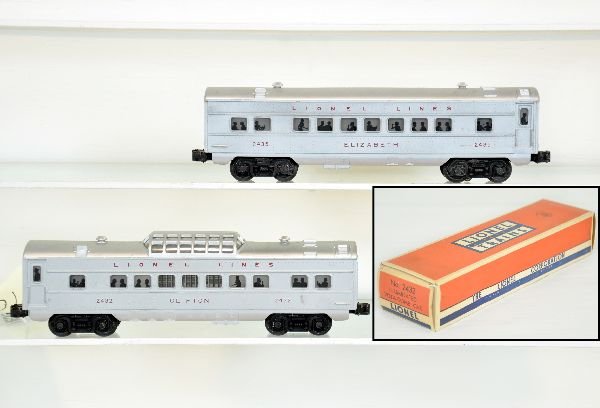 2 Clean Lionel Passenger Cars: Includes a 2432 Clifton vista-dome with C9 ob; 2435 Elizabeth Pullman. Both have red lettering and show light playwear, C7-7+