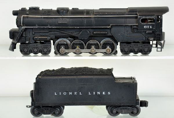 1946 Lionel 671 Steam Turbine: First production with smoke bulb, red motor cap & stamped boiler front. It has its correct 2466WX tender. It shows light to moderate playwear, though someone painted the stack ring gray. Otherwise , C