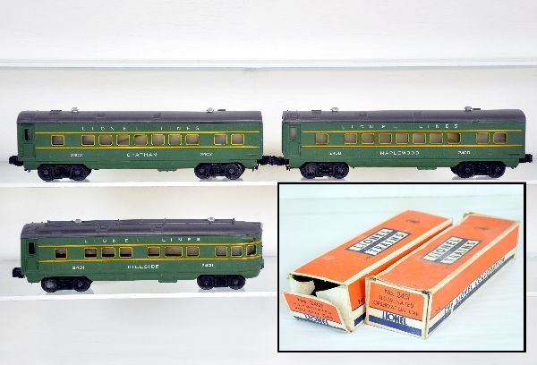 3 Lionel 2400 Series Passenger Cars: Includes a 2400 Maplewood Pullman; 2402 Chatham Pullman; 2401 Hillside observation. All are clean with matching graphics. Includes 2 worn boxes & shows light to moderate playwear, C7
