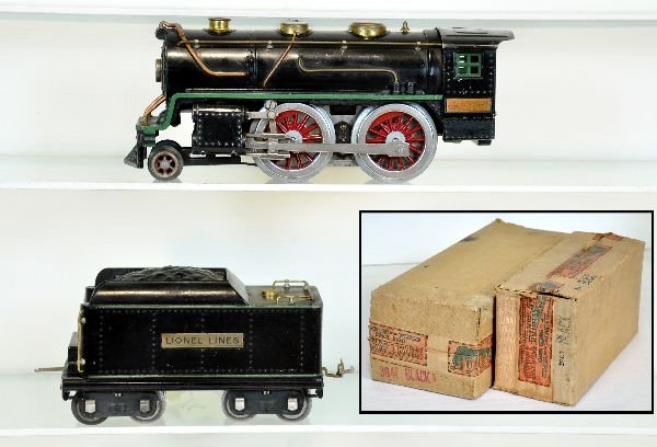 Nice Boxed Lionel 384E Steam Locomotive: ST Ga. Clean & shiny with nice straight frame. It has been rewheeled and has its matching 384T tender. It shows light playwear with C8+ boxes, C7