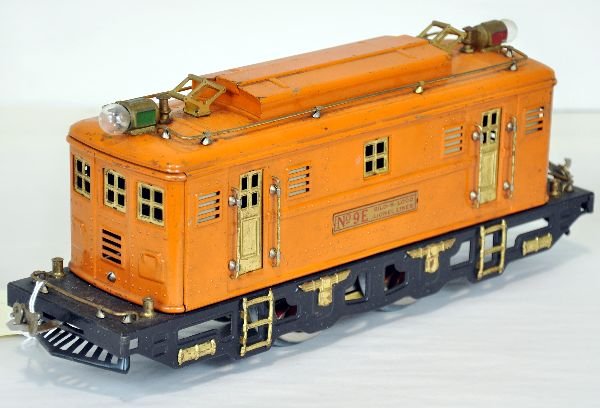 Scarce Lionel 9E Boxcab Electric: ST Ga. Uncataloged circa 1930. It has nice paint, though is very dirty. It has been rewired, rewheeled and is ready to run. It should clean to solid C6+