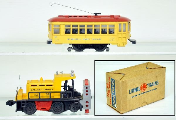 Lionel 60 & Boxed 54 Motorized Units: Includes a boxed 54 ballast tamper, clean with 1 track trip; 60 trolley, late version with improved vented roof. They show light runtime with C8 bodies