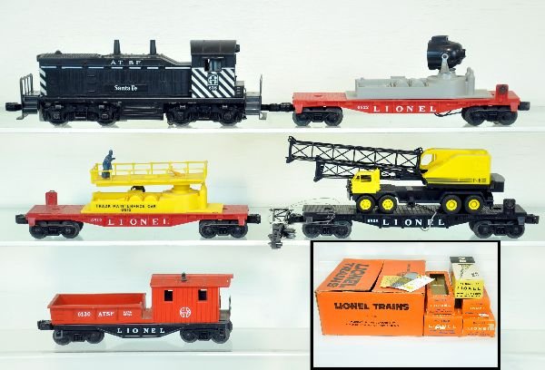 Scarce Boxed Lionel Set 2570: Circa 1960. Includes a 616 AT&SF NW-2 diesel, clean with hairline screw crack, no box, C7+; 6822 searchlight, (figure & lens not photographed) C5 box; 6828 P&H truck crane, mint in boxed C10; 6812 mai