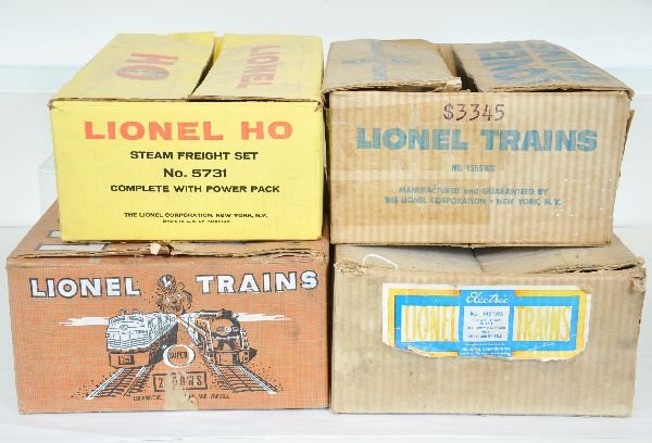 4 Empty Lionel Set Boxes: Includes 1451WS (2026 freight set), 1949, C7+; HO 5731, 1959, C8+; 1555WS (2037 freight set), 1956, taped C6; 2509WS (665 freight set), 1957, C6+