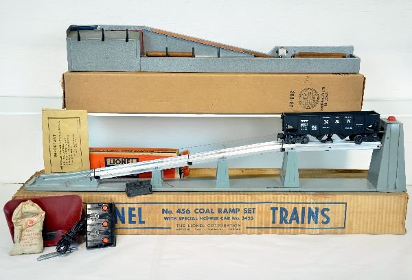 Boxed Lionel 456 & 364 Accessories: Includes a 456 coal ramp set with 3456 operating hopper, one handrail has snapped, otherwise is complete and shows light playwear; 364 lumber loader, complete with nice box, both otherwise C7+-8