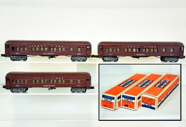 Boxed Lionel 1947 Madison Heavyweights: Includes 2625 Madison Pullman; 2625 Irvington Pullman; 2625 Manhattan Pullman. They have the correct over-stamped boxes with inserts, just missing 2 tuck flaps. The cars have clean bodies with some mi