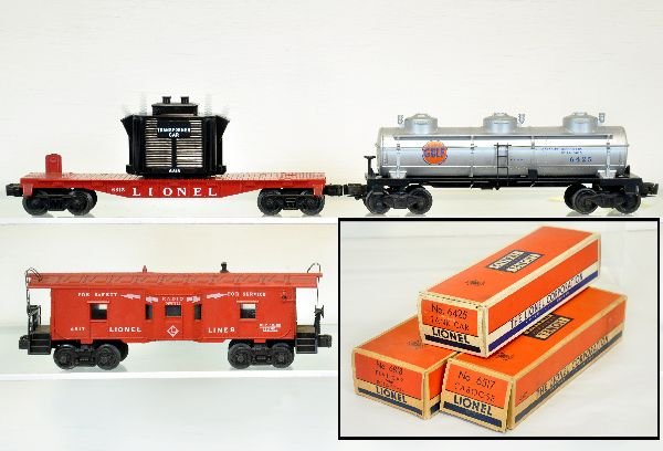 3 Nice Boxed Lionel Freight Cars: Includes a 6818 flat with transformer, intact with C9 box; 6517 bay window caboose, underscored, ob missing 1 inner flap; 6425 Gulf tank car. All show light runtime with C8 bodies