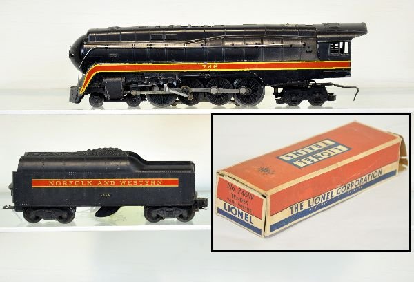 Lionel 746 N&W J Steam Locomotive: Matched pair with 746W short striped tender. They show heavy runtime with C4-5 bodies and tender box