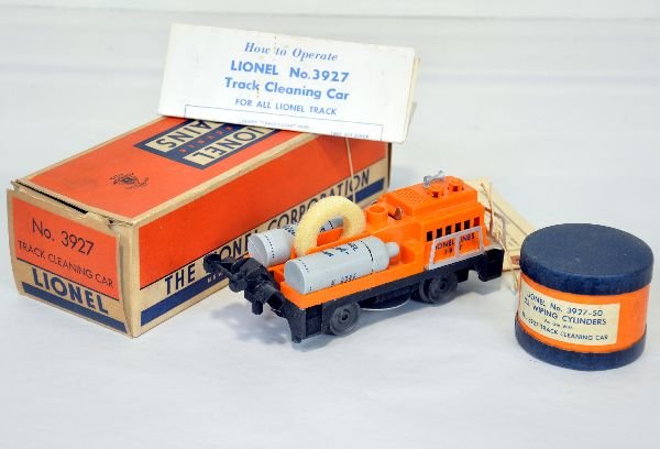 Mint Boxed Lionel 3927 Track Cleaner: Clean & complete with fluid still in bottles. Includes 3927-50 wipes, instructions, tag and C9 box. The unit appear test run, C10