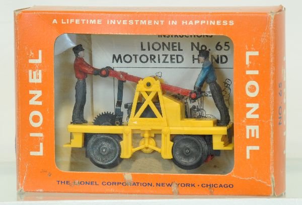 Like New Boxed Lionel 65 Handcar: Clean with great figure paint. There is NO melting and it has been test run. It has its instruction, warranty card & C7 cellophane window box with insert, C9