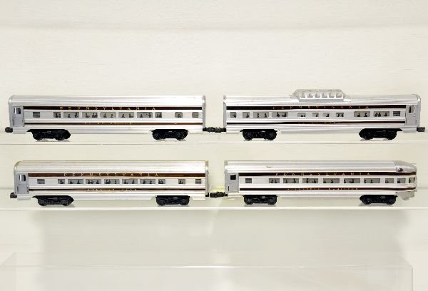 4 Lionel Congressional Passenger Cars: Includes a 2542 Betsy Ross vista-dome, C6 ob; 2543 William Penn Pullman; 2544 Molly Pitcher Pullman; 2541 Alexander Hamilton observation. All have original stripes and show light to moderate playwear,