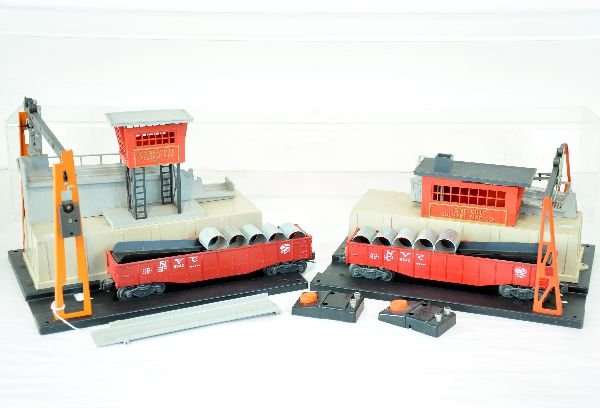Lionel 342 & 345 Culvert Loader & Unloader: Both appear intact & complete with 2 #6343 gondolas and 1 90c controller. They show light playwear and should clean to C7 or better