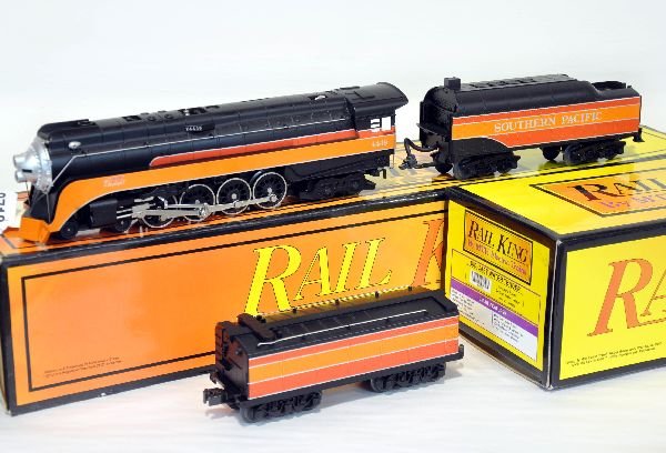 MTH Rail King 30-1119-0 SP GS-4 & Auxiliary Tender: Loco features diecast body with ProtoSmoke, light & electronic whistle; includes its 30-1126 matching auxiliary tender. They show light runtime with C9 bodies & boxes