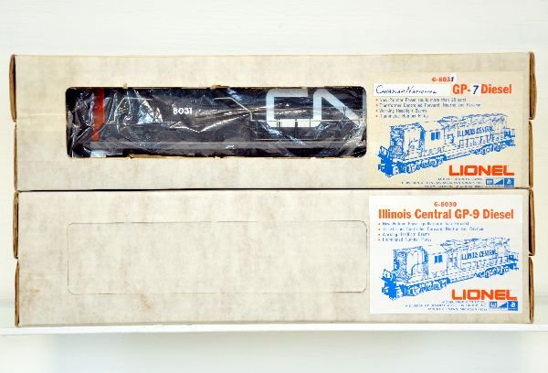2 Pc Lionel Diesel Lot: Illinois Central GP-7 Diesel #8030 is unrun in original box. Paint and lettering are perfect, C10. Canadian National GP-7 Diesel #8031 has been test track run by previous owner to test operation of al