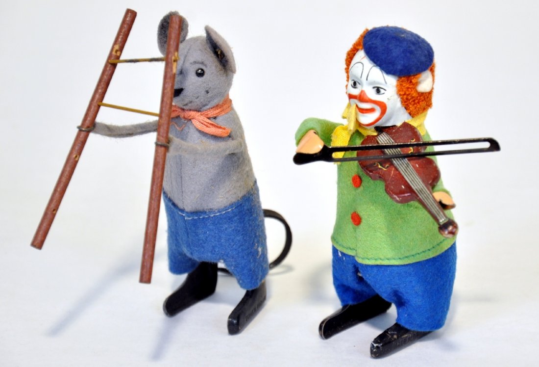 Schuco Clown Violin & Mouse Acrobat: Both are 4 1/2" tall and have the Schuco stamping on the feet. They both function. The clown is like new, C9, while the mouse has some missing rungs on his ladder and shows light to moderate playwear,