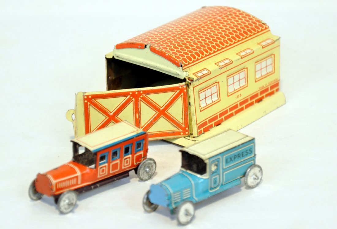 Nice Gunthermann Penny Toy Garage: Wonderful 2 1/2" garage with an express truck & limo. They appear like new, marked "GF", made in Germany, C8 Nice