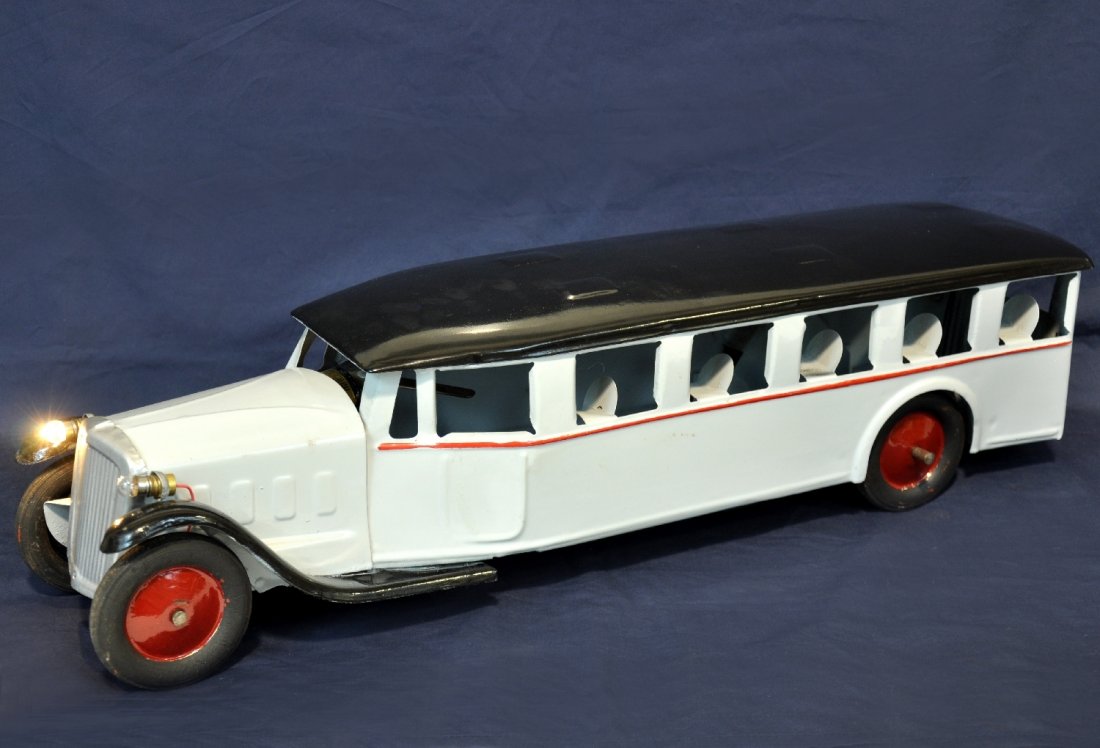 Restored Dayton Friction American De Luxe Bus: Pressed steel, 27" long, Nicely restored in gray with black roof. It has functional operating battery-op headlights