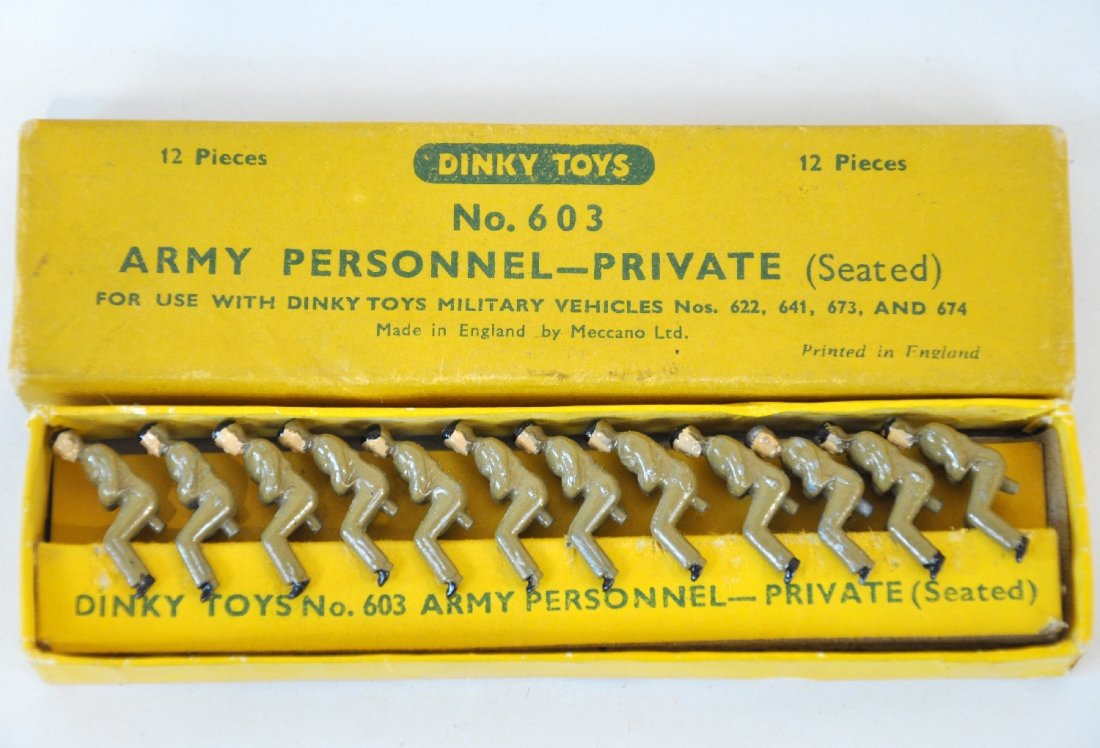 Mint Boxed Dinky 603 Military Figures: As good as it gets, clean & shiny seated figure 12pk, used on vehicles 622, 641, 673 & 674. Nice ob with insert, C9-10