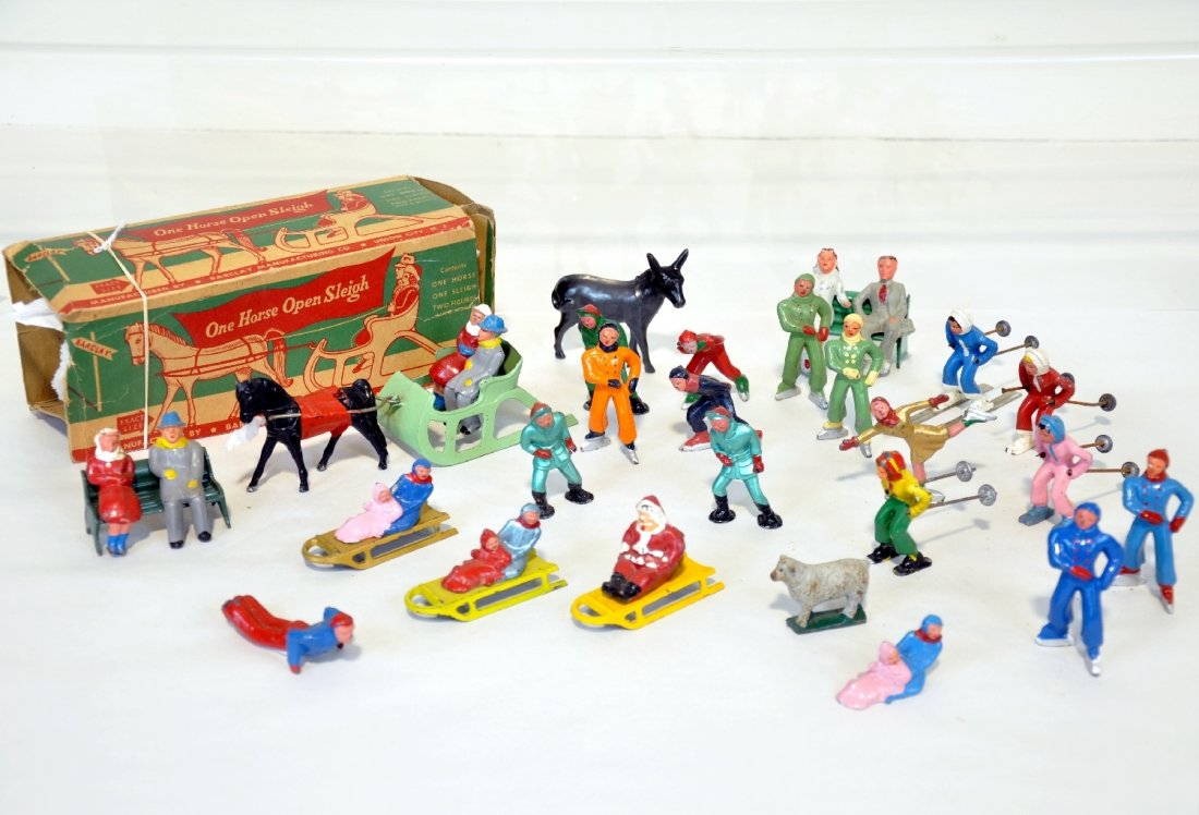 20+ Barclay Happy Family Dimestore Figures: Most are ski & winter figures with a boxed complete sleigh. Most are clean & shiny, showing light playwear, C7-9, so view photos closely