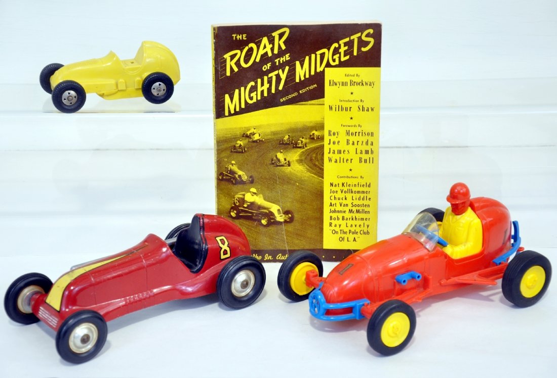3 Toy Midget Race Cars, Plus: Includes a 9" Cast Cox Thimble Drome Special; 9" plastic Nosco racer, mechanism, functions, but warping stopping motion, grille cracked; 5" Marx racer, friction, no driver; Plus a scarce 1949 Roar of