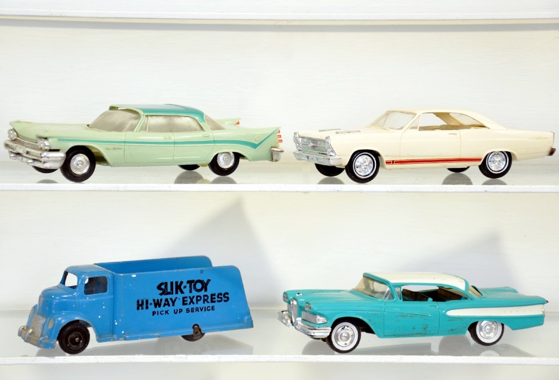3 Vintage Promos & Silk Toy Truck: Includes a 1966 Ford Fairlane coupe; 1959 AMT DeSoto Fireflite; 1958 Edsel coupe, broken rear bumper; all are clean & otherwise show light wear, C7+; Plus a diecast 7 1/2" silk toy express truck with 