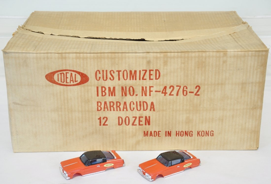 Ideal Motorific Dealer Case Barracuda Bodies: Unusual 12 dozen case, including 63 unused 1967 Plymouth Barracuda slot car bodies in red with black roofs. A few show minor wear from packing, but are all clean & shiny. Master case is clean with 3 l