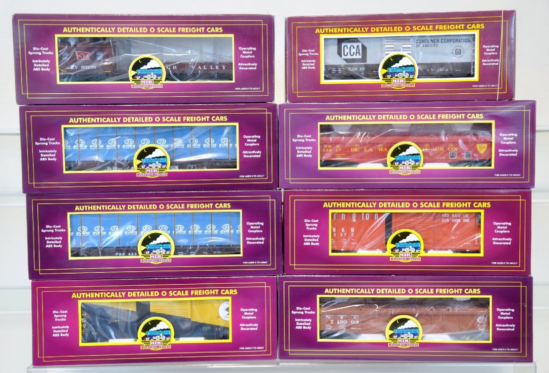 8 MTH Premier Freight Cars: Includes 20-93011 CCA boxcar; 20-93058 boxcar; 20-93063 boxcar; 20-98132 lumber car; 20-98010 & 98011 covered gondolas; 20-98131 lumber car; 98223 crane tender. They show light runtime with C9 bodies 