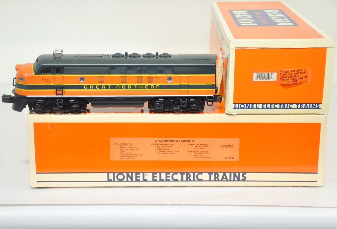 Lionel 11724 & 18108 GN F3 ABBA Diesels, C10: Nice dual motor a power A unit; Dummy A with RailSounds & matching B-unit. Plus the extension B-unit. They appear test run with boxes, C10 (see next lot for matching cars)