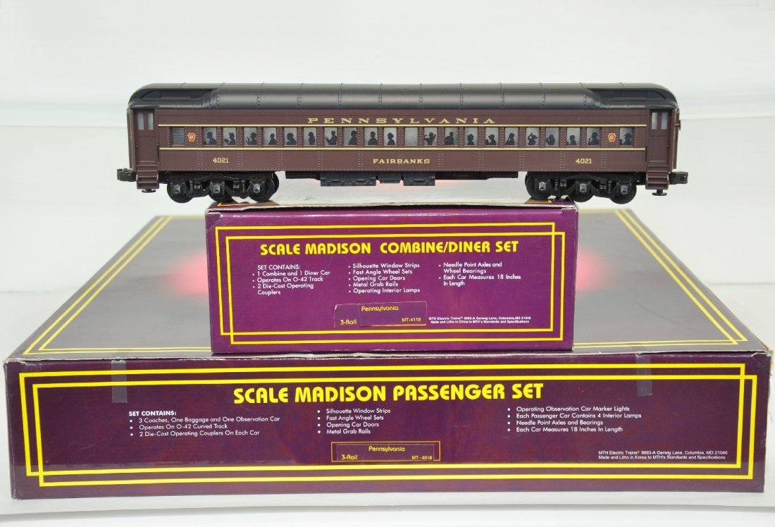 LN MTH MT-4018 & 4118 Scale PRR Heavyweights: 042. Nice 70' ABS passenger cars including the 5-car set with the combine/diner set. They have been test run with boxes, C9-10