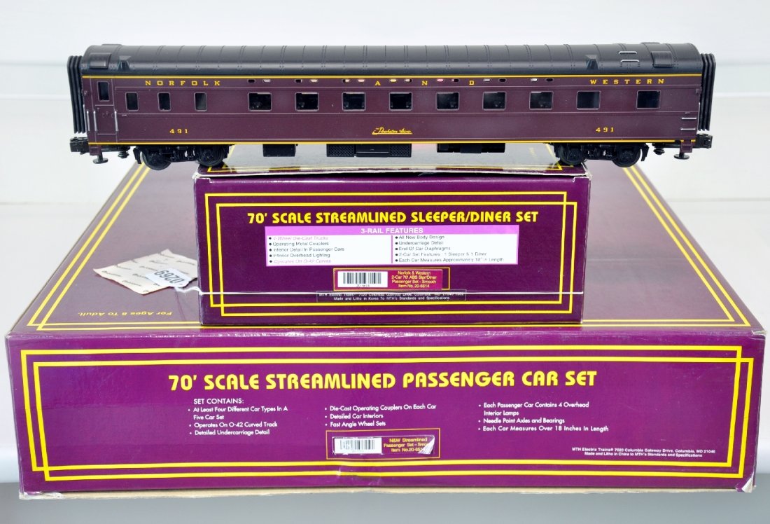 MTH 20-6514 & 6614 N&W Streamline Cars: 042. Scale 70' ABS 5-car set, plus the sleeper /diner set. They show light runtime with C9 bodies & set boxes