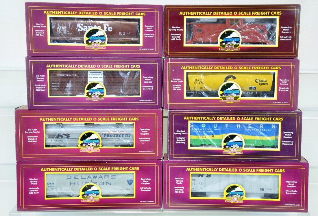8 MTH Premier Freight Cars: Includes 20-97406 hopper; 20-97434 hopper; 20-97119 hopper; 20-98203 coil car; 20-9103L caboose 20-94503 stock car; 20-9304L caboose; 20-97405 hopper/ all show light runtime with C9 bodies & boxes