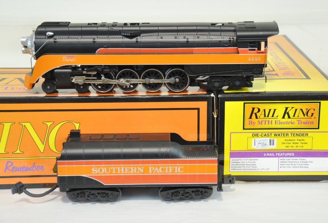 RailKing MTH GS-4 Steamer 30-1119-1 Plus: Southern Pacific GS-4 Steamer comes equipped with Proto-Sound, Electronic Reverse and operates on O-31 Track. Also comes with matching Southern Pacific Die-Cast Water Tender 30-1126. Units show light 