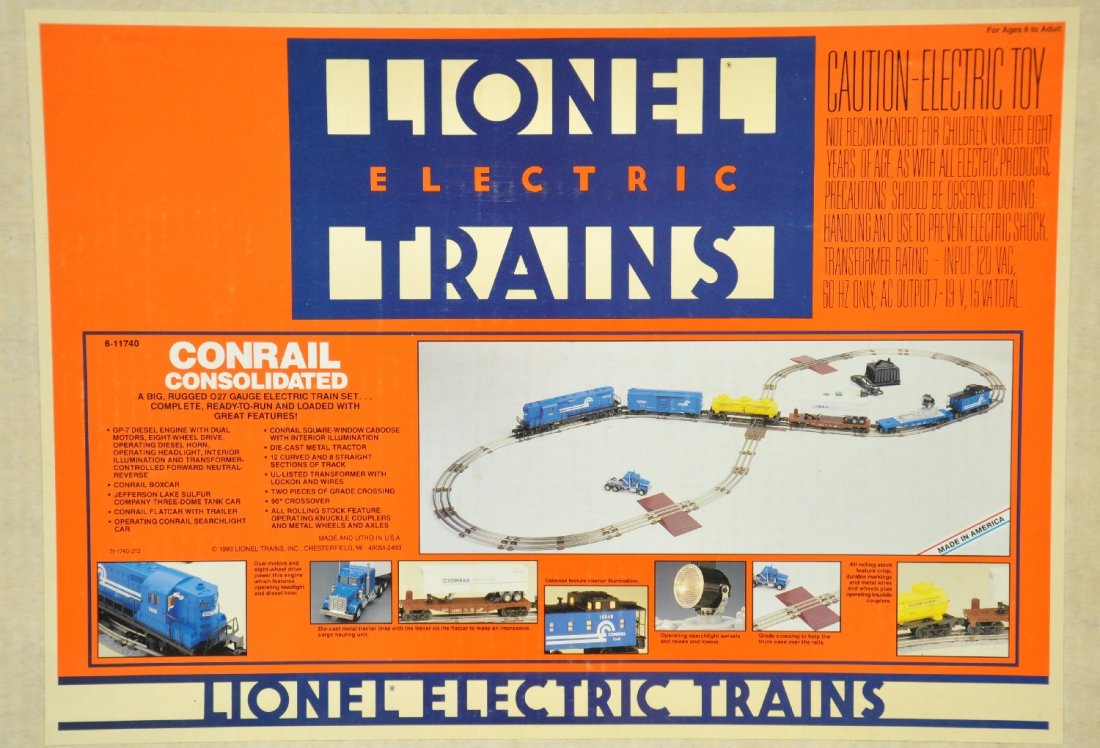 Lionel 11740 Conrail Consolidated Set: 18826 Conrail GP-7 diesel, 16126 Jefferson Lake 3d tank car, 16243 Conrail boxcar, 16383 Conrail flat car with trailer, 16667 Conrail searchlight car, 16548 Conrail SP-type caboose are unrun. C10