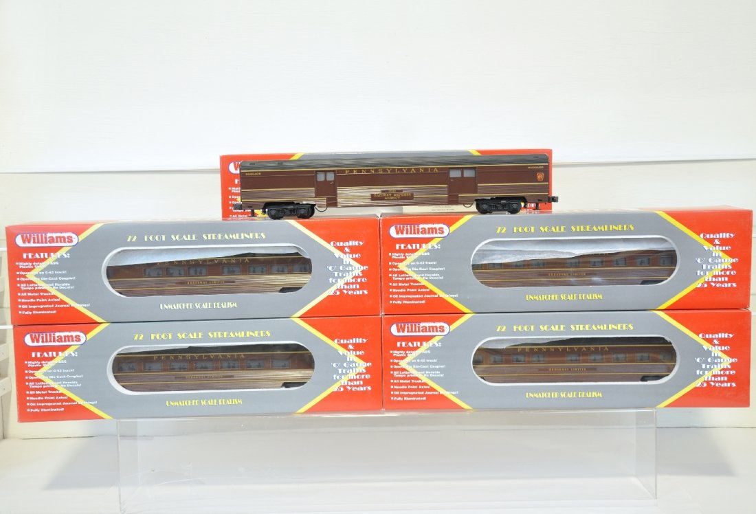 Williams PRR Streamliner Passenger Cars: Pennsylvania Tuscan 5 set passenger cars #85105. Cars are lightly run. C9+