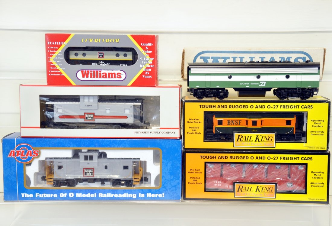 Burlington Caboose, Gondola and Dummy B Unit Lot: Includes Atlas #6618-2 EV Caboose, Williams N5C Caboose BR #37864, Peterson Supply Co. OC-100 Caboose #13602, Williams F740 Dummy B, Railking MTH Bay Window Caboose 30-7718, RailKing MTH Gondola Car w