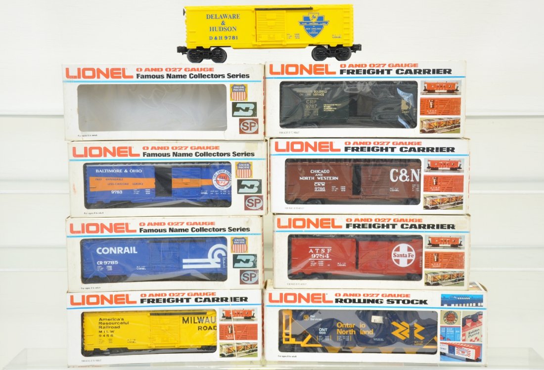 8 Lionel MPC Freight Cars: Includes boxcars- 9781 D&H, 9455 MR, 9785 Conrail, 9784 SF, 9786 C&NW, 9783 B&O, 9787 JC, 6100 ON covered hopper. Most are unrun, all have C9 bodies & boxes